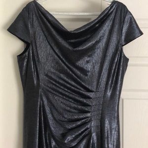 Tahari navy black metallic foil long dress gown 14